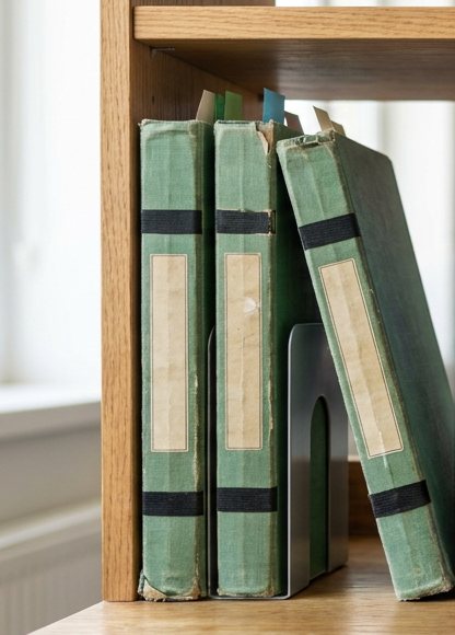 Digitally rendered: three worn, faded green hardbound notebooks stand spines out on a wooden shelf by a window, the third leaning on the second beside a steel bookend. Each spine has a cream label.