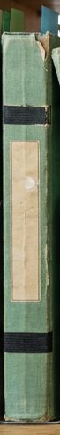 Digitally rendered: the spine of a worn, faded green notebook with a cream label, standing on a wooden shelf.